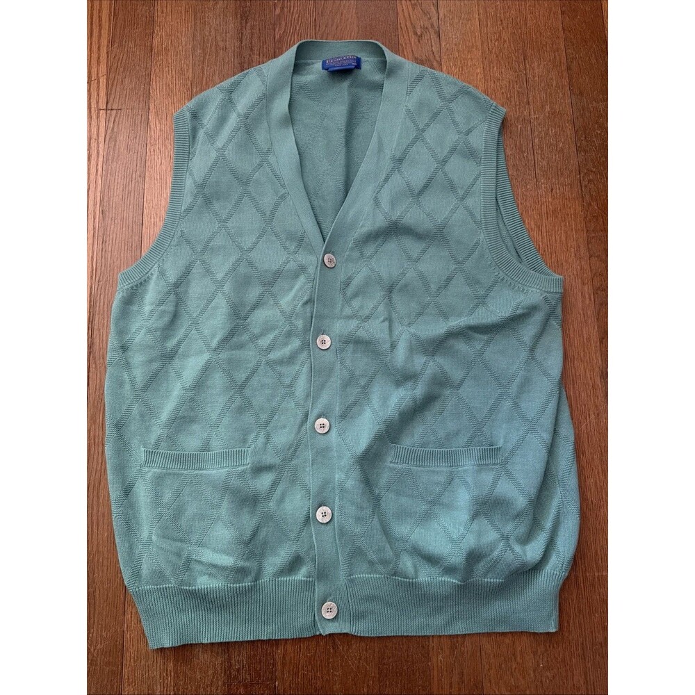 Pendleton Cardigan Vest Sweater Men's XL Green Knit Argyle Diamond Cotton